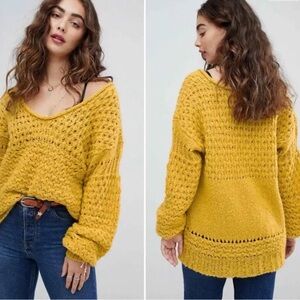 Free People Crashing Waves Pullover Mustard Yellow Boho Open Knit Wool Blend L